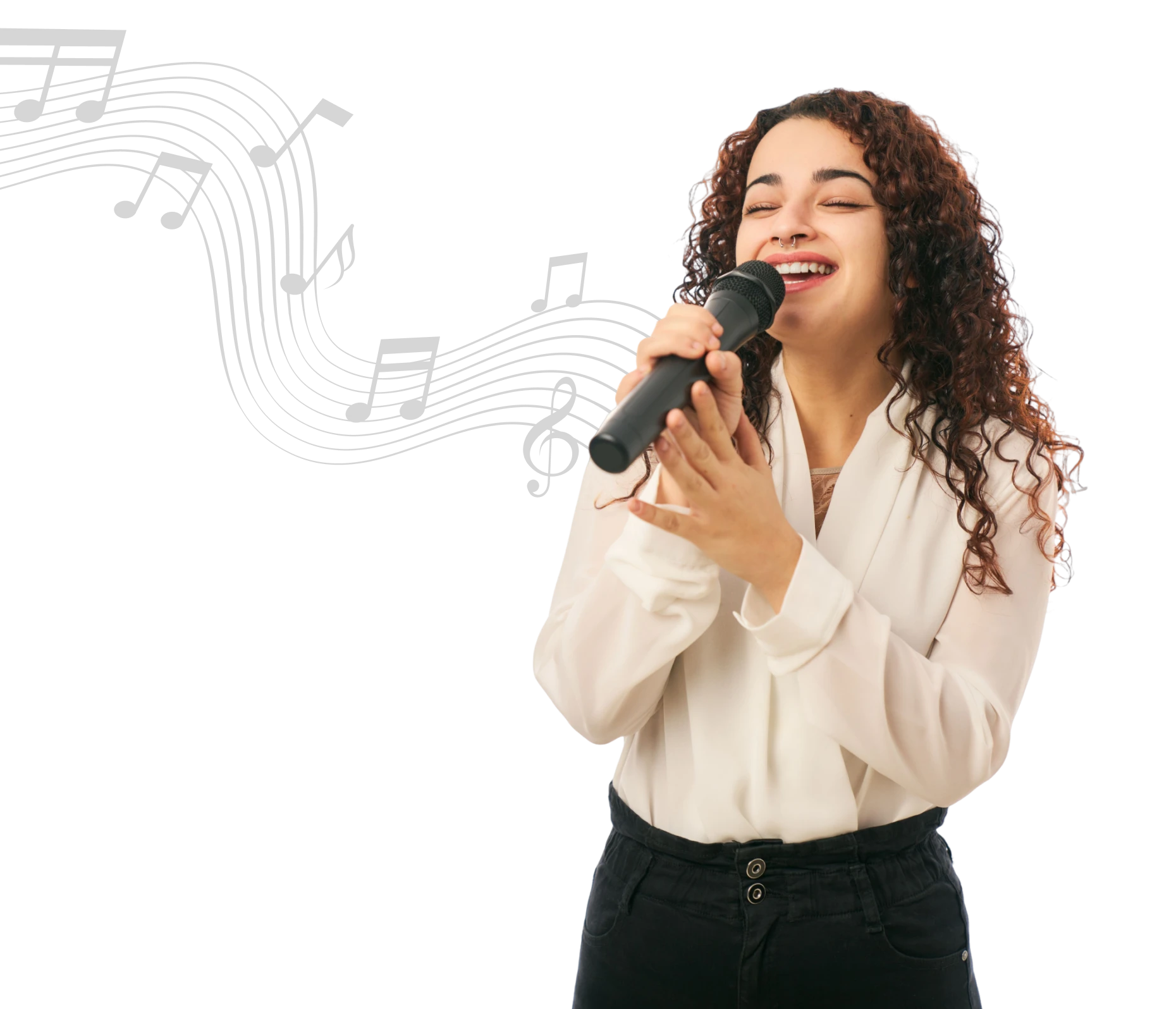Singer performing with musical notes background